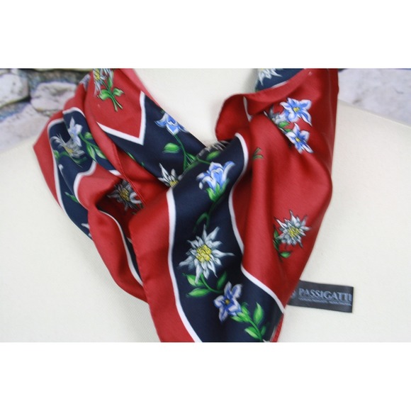 Passigatti Other - Passigatti Silk Scarf Red Blue Edelweiss Floral Motif Mens Luxury Accessory